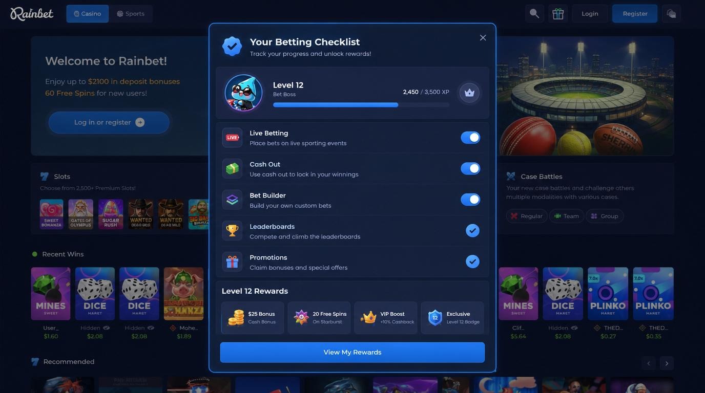 Checklist of betting features with levels and ticks for grinders