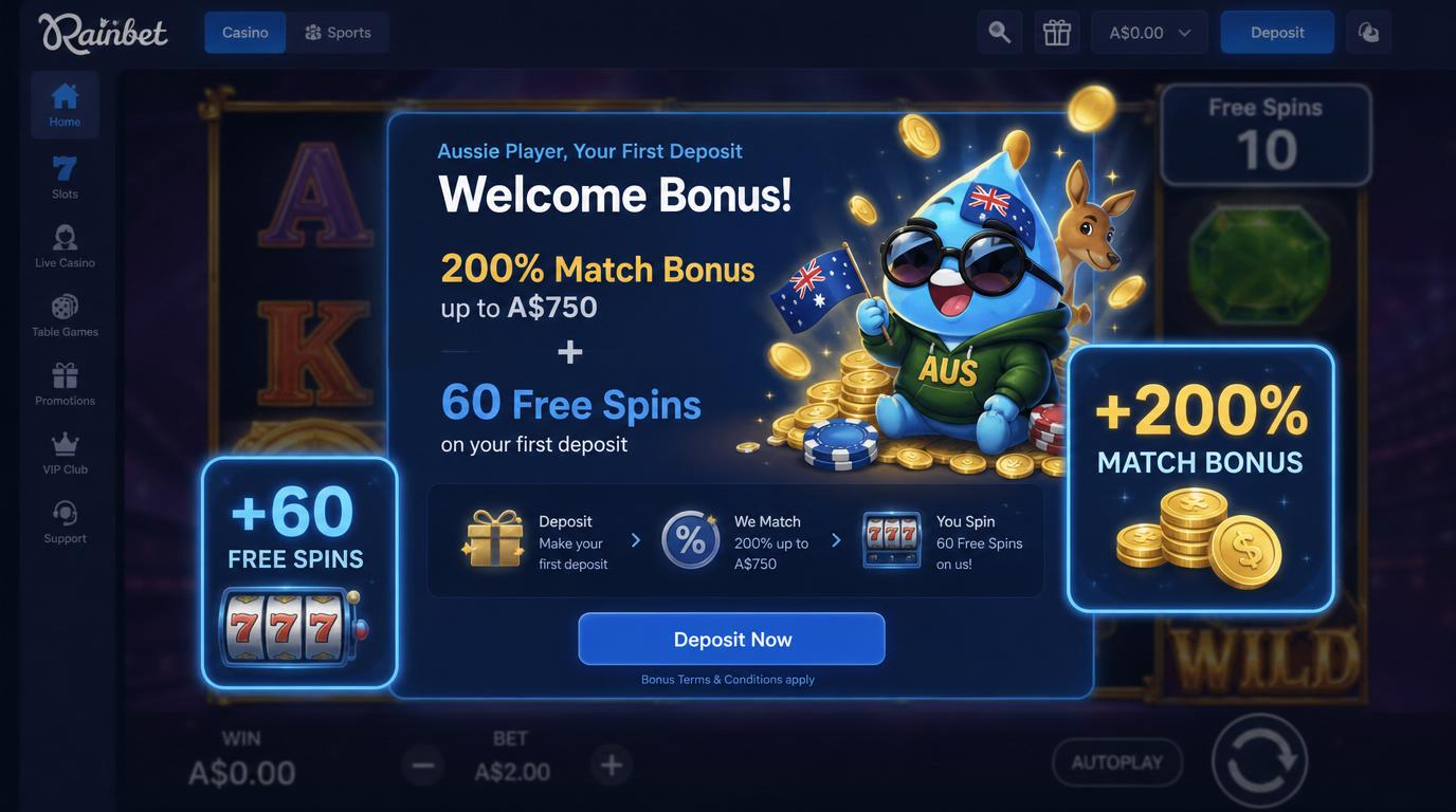 New Australian player claiming welcome bonus, deposit match and free spins showcase.