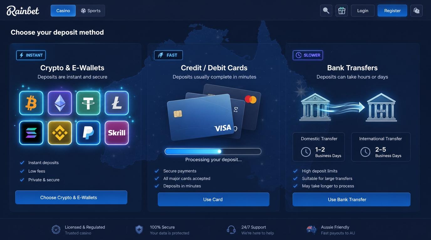An interface comparing fast and slow deposit methods at Rainbet Casino in Australia.