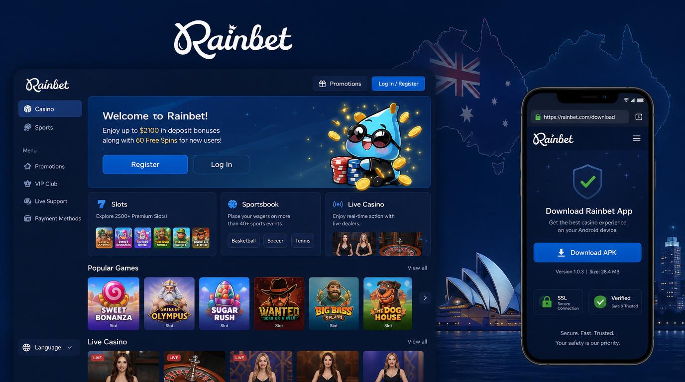 A mobile screen showing a secure Rainbet APK download page on Android with SSL padlock and security badges.