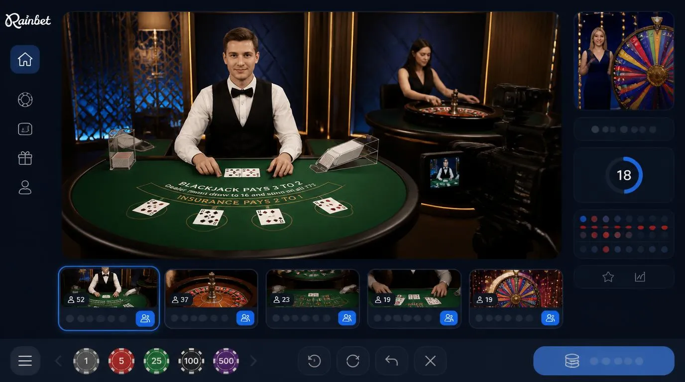 Professional dealers at high-definition Blackjack and Roulette tables with a presenter-led game show studio