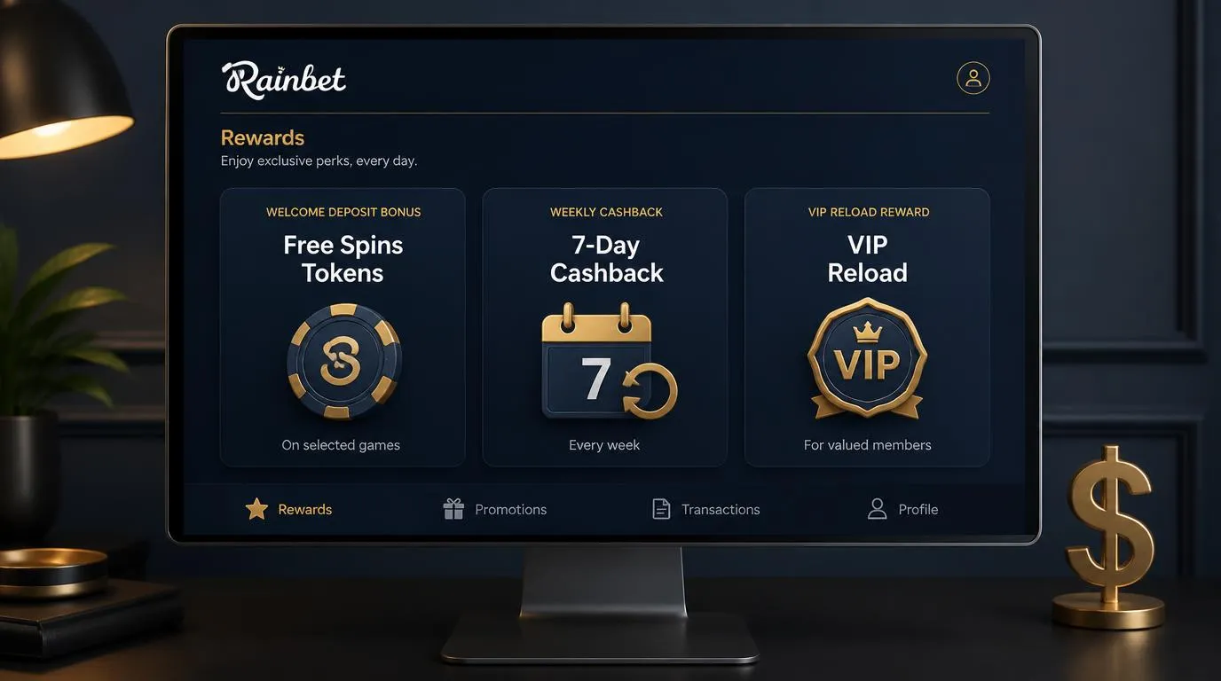 Casino rewards dashboard with welcome bonus, weekly cashback and VIP reload cards beside an Australian dollar symbol