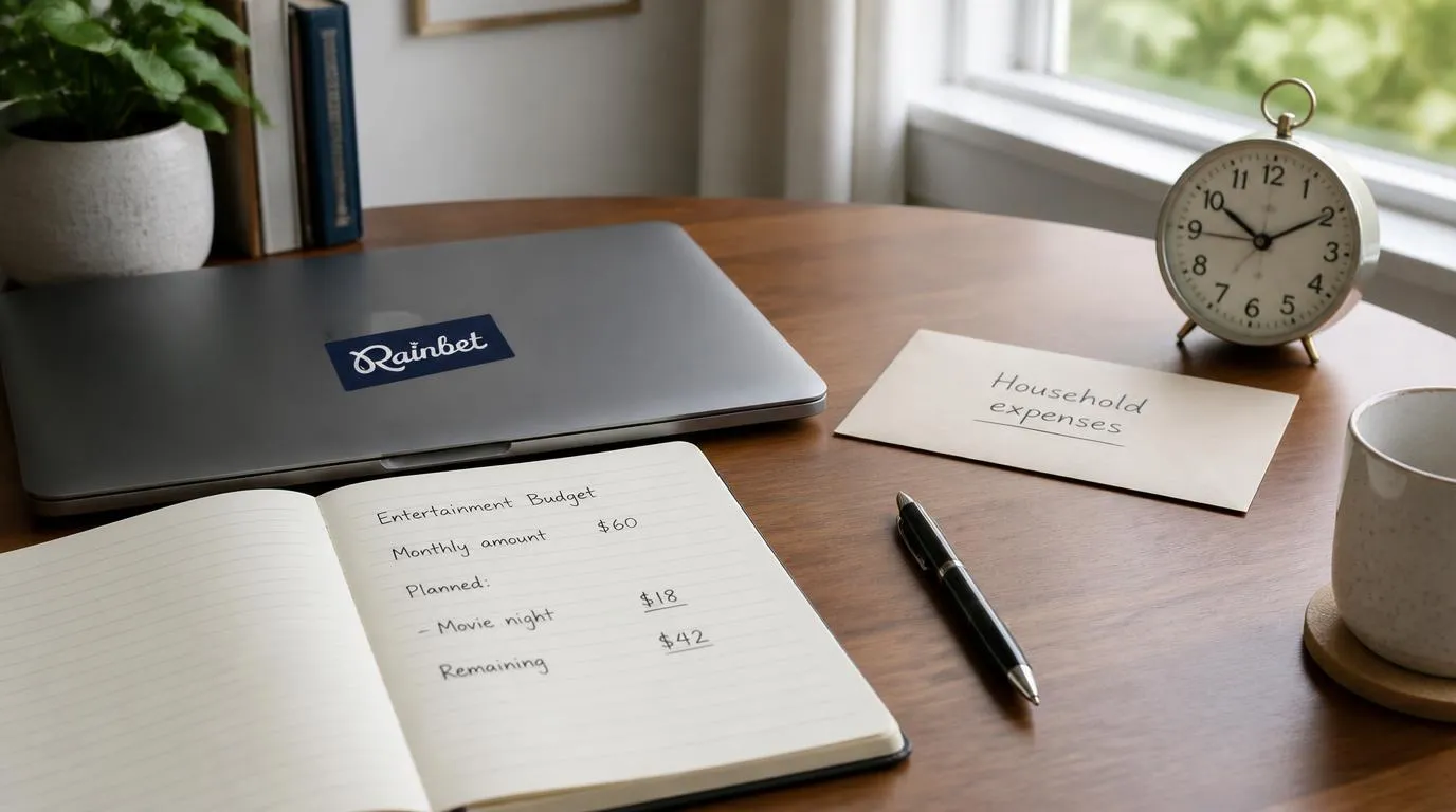 Personal entertainment budget notebook beside a closed laptop and an envelope reserved for household expenses