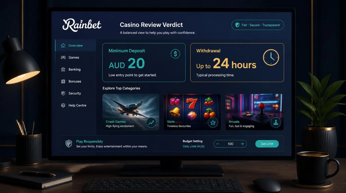 Casino dashboard concept with an AUD 20 deposit card, a 24-hour withdrawal indicator and varied game tiles