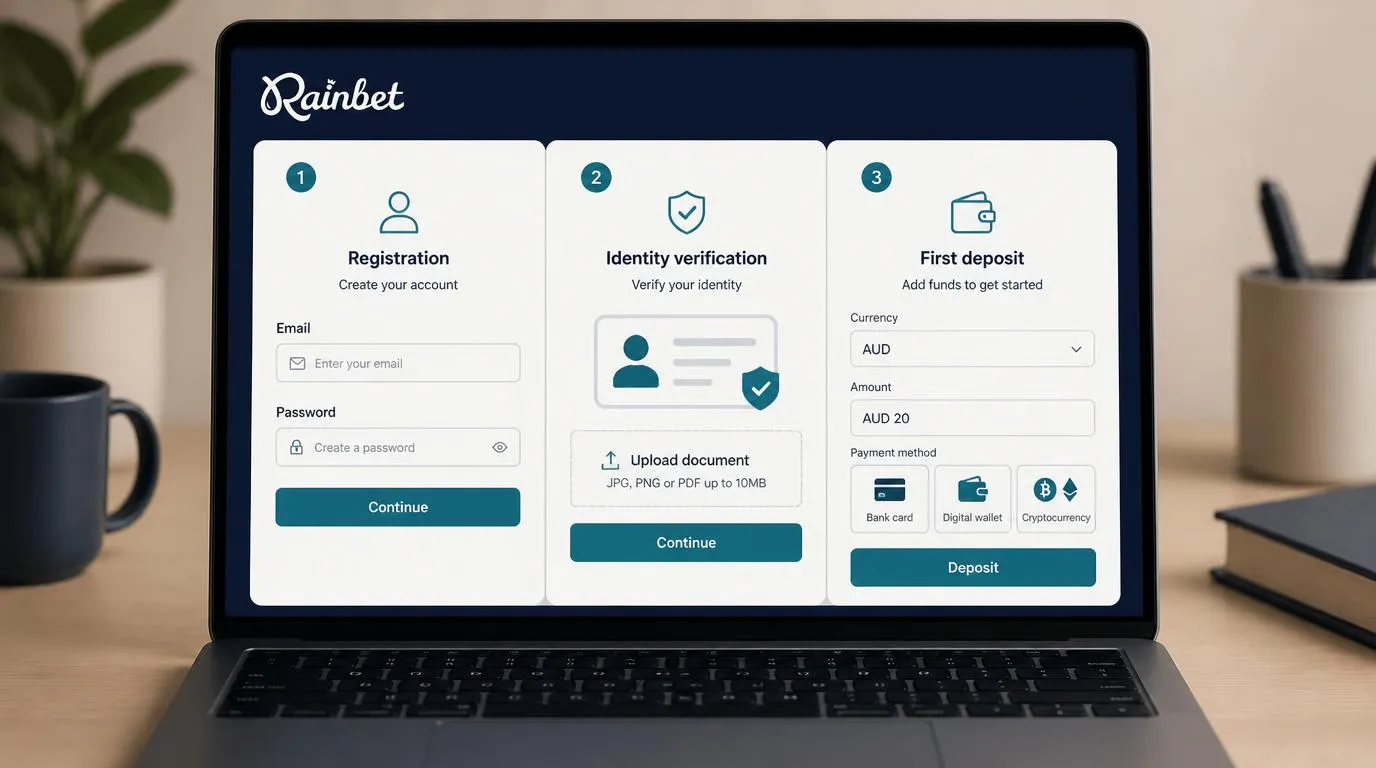 Casino account setup mockup with identity verification and an AUD deposit selector
