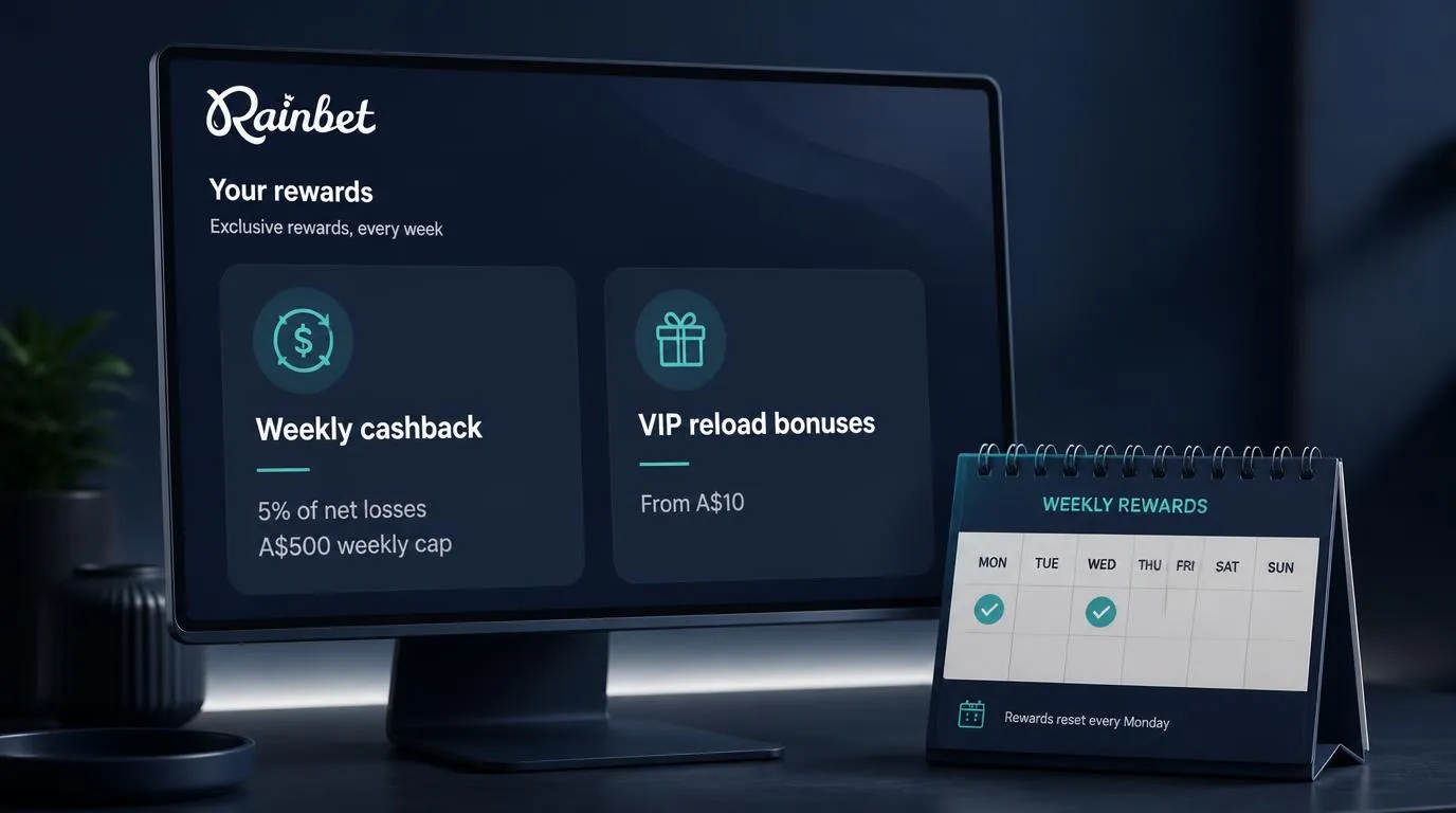 Illustrative casino rewards dashboard with weekly cashback and VIP reload bonus cards